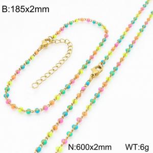 Fashion Ins style stainless steel colorful rice bead chain bracelet necklace two-piece set - KS222444-Z