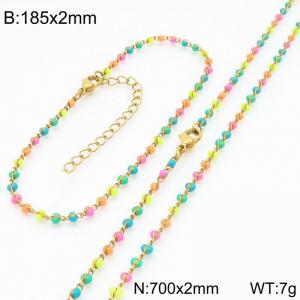 Fashion Ins style stainless steel colorful rice bead chain bracelet necklace two-piece set - KS222446-Z