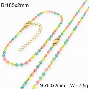 Fashion Ins style stainless steel colorful rice bead chain bracelet necklace two-piece set - KS222447-Z