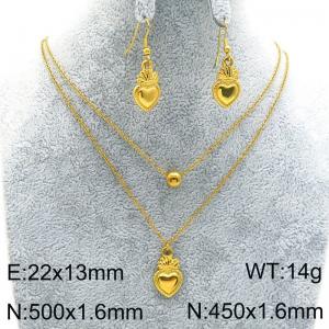 Double Chain Heart Charm Jewelry Sets for Women Gold Color Stainless Steel Earring&Neacklace - KS222507-Z