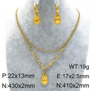 Double Chain Heart Charm Jewelry Sets for Women Gold Color Stainless Steel Earring&Neacklace - KS222508-Z