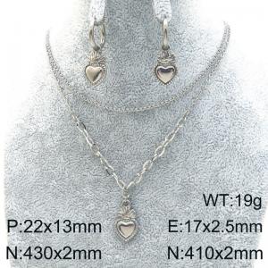 Double Chain Heart Charm Jewelry Sets for Women Stainless Steel Earring&Neacklace - KS222509-Z