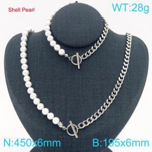 Shell Pearl String Splicing Stainless Steel Chain Jewelry Set Women's Bracelet Necklace - KS222511-Z