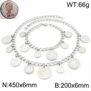 Queen Portrait Round Tag Charm Jewelry Sets for Women Stainless Steel Trendy Necklace&Bracelet - KS222513-Z