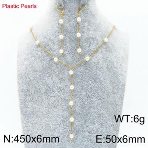 Plastic Pearl Tassel Necklace Set Women's Gold Color  Stainless Steel Earrings Necklace - KS222515-Z