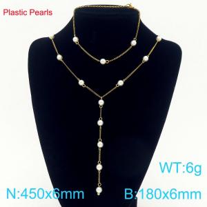 Plastic Pearl Tassel Necklace Set Women's Gold Color Stainless Steel Bracelet Necklace - KS222516-Z