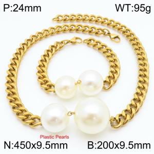 Stainless Steel Set Plastic Pearls  Necklace Bracelet Link Chain Gold Color - KS222726-Z