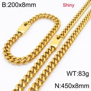 Fashion stainless steel 8mm polished gold-plated Cuban chain bracelet and necklace two-piece set - KS223456-Z