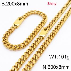 Fashion stainless steel 8mm polished gold-plated Cuban chain bracelet and necklace two-piece set - KS223459-Z