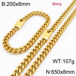 Fashion stainless steel 8mm polished gold-plated Cuban chain bracelet and necklace two-piece set - KS223460-Z
