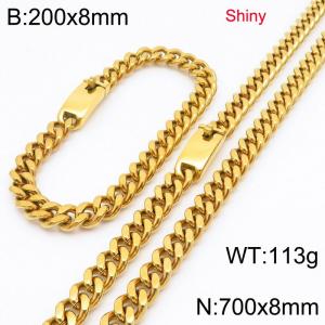 Fashion stainless steel 8mm polished gold-plated Cuban chain bracelet and necklace two-piece set - KS223461-Z