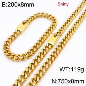 Fashion stainless steel 8mm polished gold-plated Cuban chain bracelet and necklace two-piece set - KS223462-Z