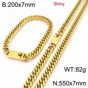 Fashion stainless steel 8mm polished gold-plated section whip chain bracelet and necklace two-piece set - KS223472-Z