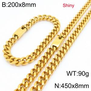 Fashion stainless steel 8mm polished gold-plated Cuban chain bracelet and necklace two-piece set - KS223484-Z