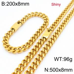 Fashion stainless steel 8mm polished gold-plated Cuban chain bracelet and necklace two-piece set - KS223485-Z