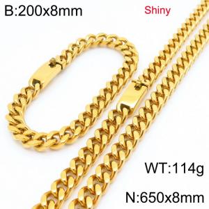Fashion stainless steel 8mm polished gold-plated Cuban chain bracelet and necklace two-piece set - KS223488-Z