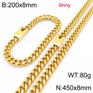 Fashion stainless steel 8mm polished gold-plated round ground Cuban chain bracelet and necklace two-piece set - KS223498-Z