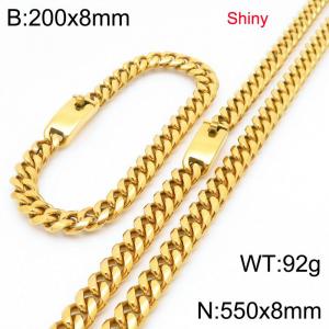Fashion stainless steel 8mm polished gold-plated round ground Cuban chain bracelet and necklace two-piece set - KS223500-Z