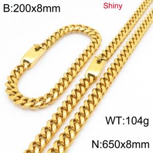 Fashion stainless steel 8mm polished gold-plated round ground Cuban chain bracelet and necklace two-piece set - KS223502-Z