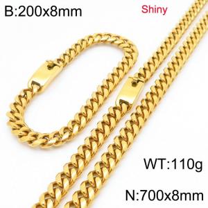 Fashion stainless steel 8mm polished gold-plated round ground Cuban chain bracelet and necklace two-piece set - KS223503-Z