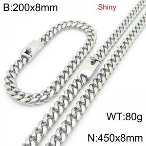 Fashion stainless steel 8mm polished round ground Cuban chain bracelet and necklace two-piece set - KS223505-Z