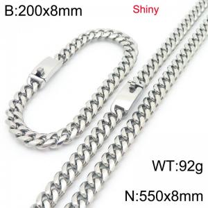 Fashion stainless steel 8mm polished round ground Cuban chain bracelet and necklace two-piece set - KS223507-Z