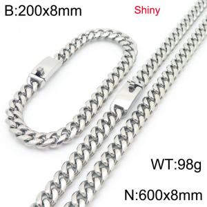 Fashion stainless steel 8mm polished round ground Cuban chain bracelet and necklace two-piece set - KS223508-Z