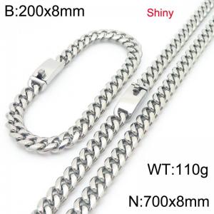 Fashion stainless steel 8mm polished round ground Cuban chain bracelet and necklace two-piece set - KS223510-Z