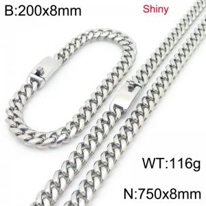 Fashion stainless steel 8mm polished round ground Cuban chain bracelet and necklace two-piece set - KS223511-Z