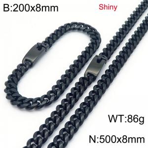 Fashion stainless steel 8mm polished black round ground Cuban chain bracelet and necklace two-piece set - KS223513-Z