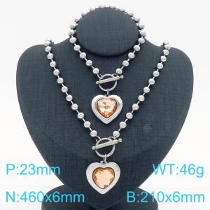 460X6MM Round Bead Chain Stainless Steel Necklace Bracelet set Women's Party Colorful Stone Love Jewelry Silver Color - KS223524-Z