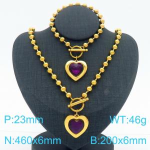 460X6MM Round Bead Chain Stainless Steel Necklace Bracelet set Women's Party Colorful Stone Love Jewelry Gold Color - KS223530-Z