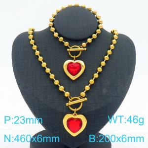 460X6MM Round Bead Chain Stainless Steel Necklace Bracelet set Women's Party Colorful Stone Love Jewelry Gold Color - KS223531-Z