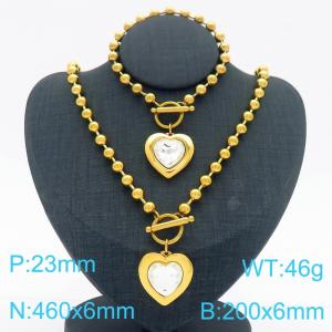 460X6MM Round Bead Chain Stainless Steel Necklace Bracelet set Women's Party Colorful Stone Love Jewelry Gold Color - KS223533-Z