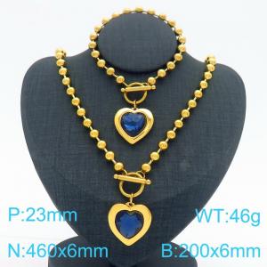 460X6MM Round Bead Chain Stainless Steel Necklace Bracelet set Women's Party Colorful Stone Love Jewelry Gold Color - KS223534-Z