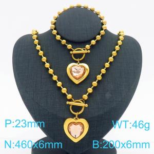 460X6MM Round Bead Chain Stainless Steel Necklace Bracelet set Women's Party Colorful Stone Love Jewelry Gold Color - KS223535-Z