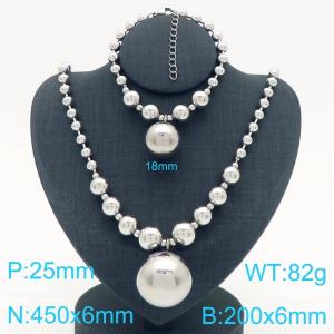 Cross border European and American fashion women's personalized stainless steel round bead bracelet necklace two-piece set with steel bead pendant - KS223647-Z
