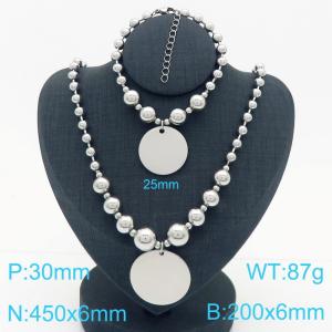 Cross border European and American fashion women's personalized stainless steel round bead bracelet necklace two-piece set with round pendant - KS223649-Z
