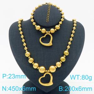 Cross border European and American fashion women's personalized stainless steel round bead bracelet necklace two-piece set with peach heart pendant - KS223650-Z
