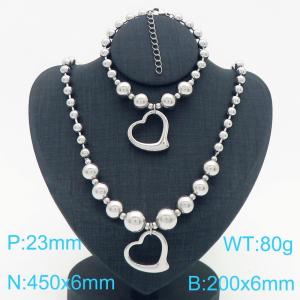 Cross border European and American fashion women's personalized stainless steel round bead bracelet necklace two-piece set with peach heart pendant - KS223651-Z