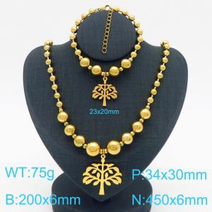 Cross border European and American fashion women's personalized stainless steel round bead bracelet necklace two-piece set with life tree pendant - KS223654-Z