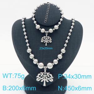 Cross border European and American fashion women's personalized stainless steel round bead bracelet necklace two-piece set with life tree pendant - KS223655-Z