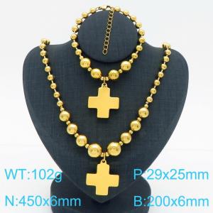 Cross border European and American fashion women's personalized stainless steel round bead bracelet necklace two-piece set with addition symbol pendant - KS223656-Z