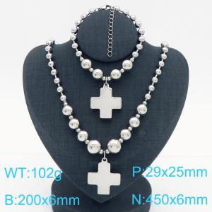 Cross border European and American fashion women's personalized stainless steel round bead bracelet necklace two-piece set with addition symbol pendant - KS223657-Z