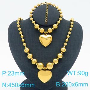 Cross border European and American fashion women's personalized stainless steel round bead bracelet necklace two-piece set with heart pendant - KS223658-Z