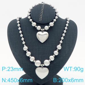 Cross border European and American fashion women's personalized stainless steel round bead bracelet necklace two-piece set with heart pendant - KS223659-Z
