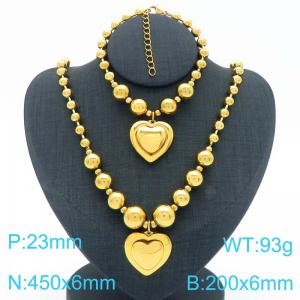 European and American cross-border stainless steel gold-plated jewelry exaggerated round bead punk heart-shaped pendant bracelet necklace two-piece set - KS223926-Z