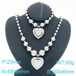 European and American cross-border stainless steel jewelry exaggerated round bead punk heart-shaped pendant bracelet necklace two-piece set - KS223943-Z