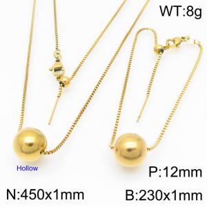European and American fashion stainless steel square pearl chain string 12mm gold round beads women's jewelry charm gold 2-piece set - KS224476-Z