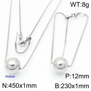 European and American fashion stainless steel square pearl chain string 12mm round beads women's jewelry charm silver 2-piece set - KS224477-Z